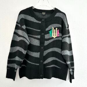 Wicked Cardigan Sweater Women Large Black Gray Striped Button Front Whimsy Goth